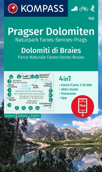 Buchcover: KOMPASS Wanderkarte 145 Pragser Dolomiten, Naturpark Fanes-Sennes-Prags, Dolomiti di Braies, Parco Naturale Fanes-Senes-Braies 1:25.000 Buchcover: KOMPASS Wanderkarte 145 Pragser Dolomiten, Naturpark Fanes-Sennes-Prags, Dolomiti di Braies, Parco Naturale Fanes-Senes-Braies 1:25.000