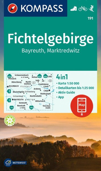Buchcover: KOMPASS Wanderkarte 191 Fichtelgebirge, Bayreuth, Marktredwitz 1:50.000 Buchcover: KOMPASS Wanderkarte 191 Fichtelgebirge, Bayreuth, Marktredwitz 1:50.000